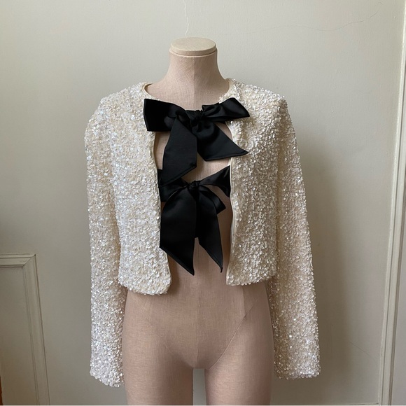 H&M Jackets & Blazers - H&M Ivory Sequin Cropped Jacket with Black Bow Ties